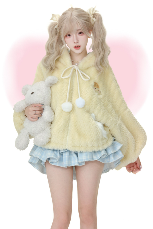 Custard Pudding Yellow Plush Jacket + Blue Plaid Tiered Skirt