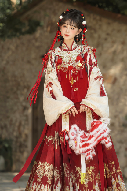 Retro Chinese-style Top + Skirt + Vest + Shoulder