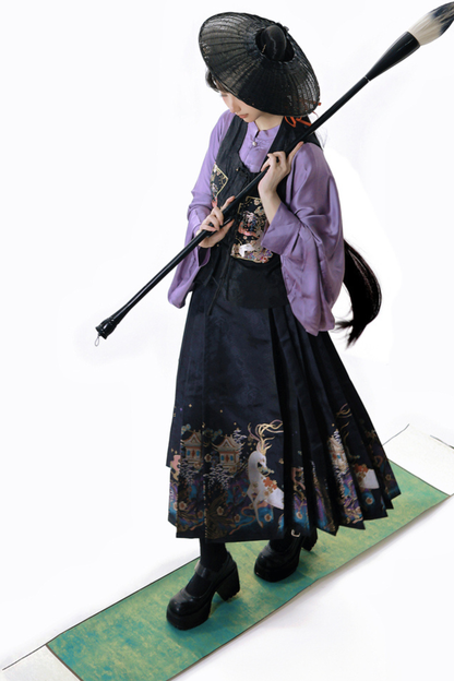Dark Chinese-style Shirt + Vest + Skirt