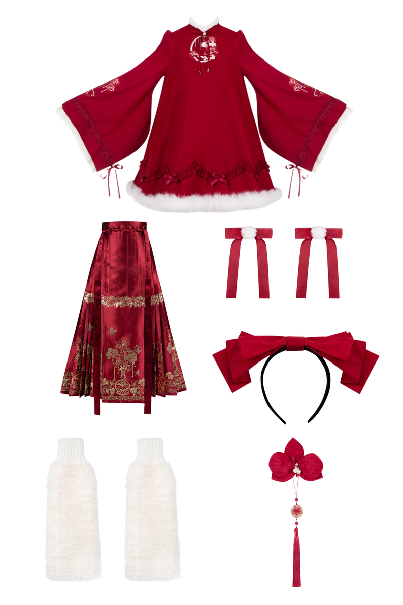 Chinese-style Big Sleeve Dress + Apron + Skirt + Leg Warmers + Hairband + Clip + Pin