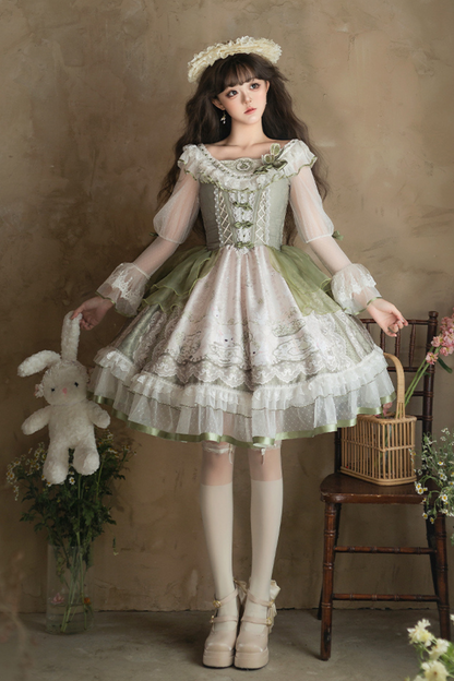 [pre-order] Fresh Green Print Kula Lolita Dress + Brooch