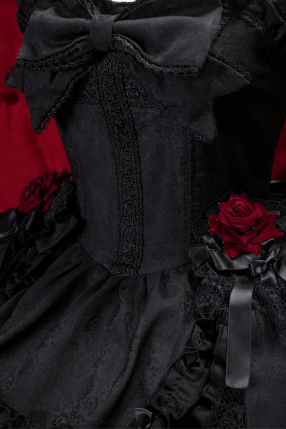 Dark Gothic Ruffle Lolita Dress + Waist Belt + Train + Hairband