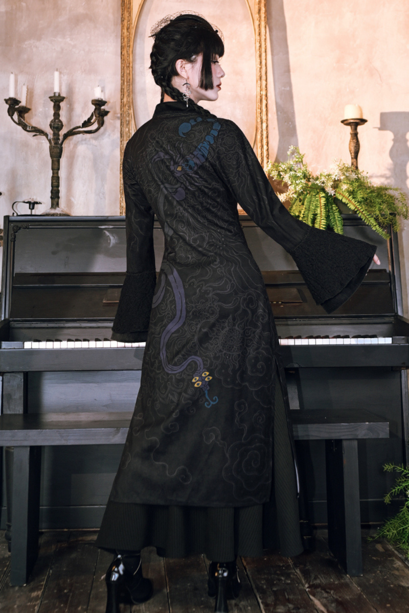 Dark Print Cheongsam Dress + Cape