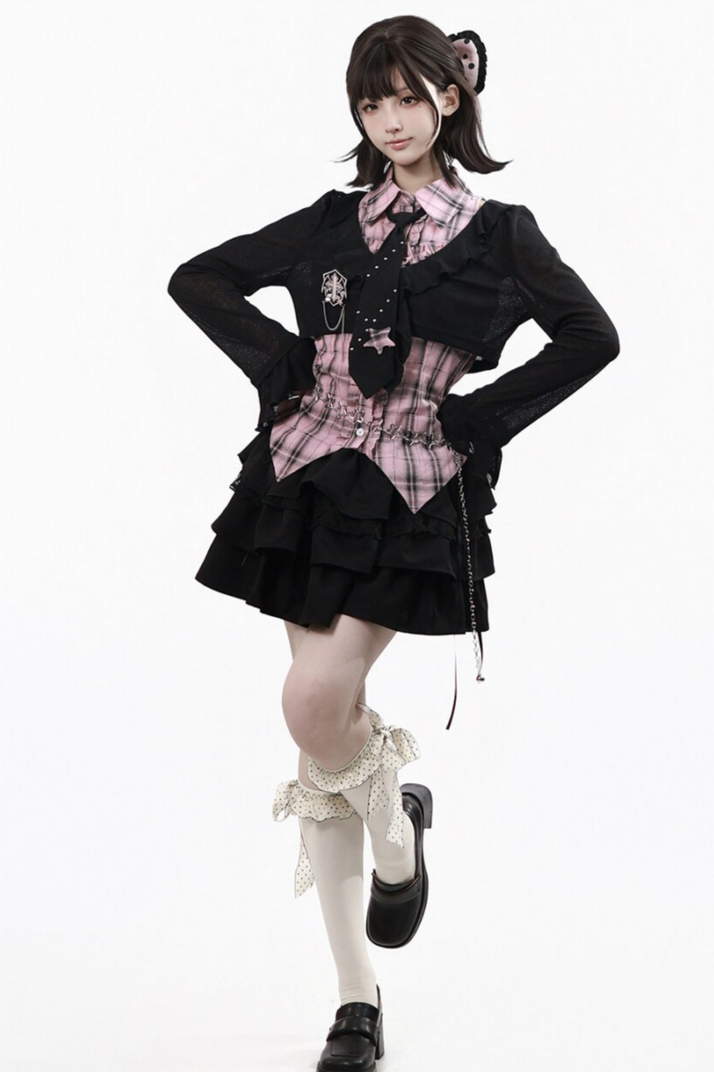 Plaid Sleeveless Shirt + Top + Tiered Skirt
