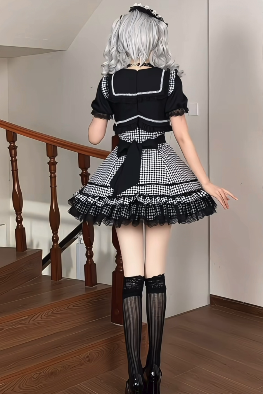 Houndstooth Dark Sweet Lolita Dress With Sleeves