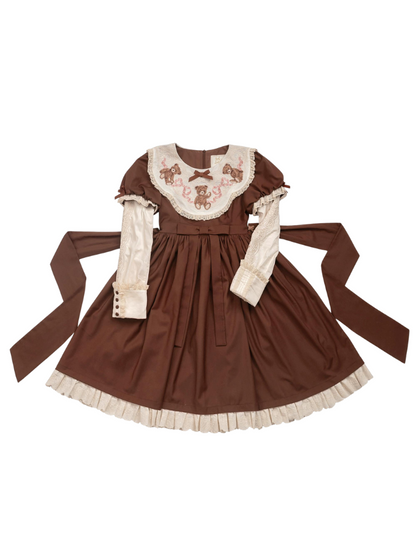 [pre-order] Lolita Teddy Bear Flap Lace Puff Sleeve Ribbon Dress