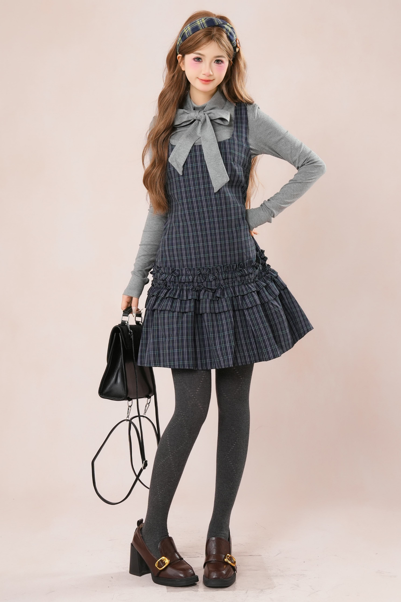 Dark French Ruffle Plaid Sleeveless Dress + Shirt