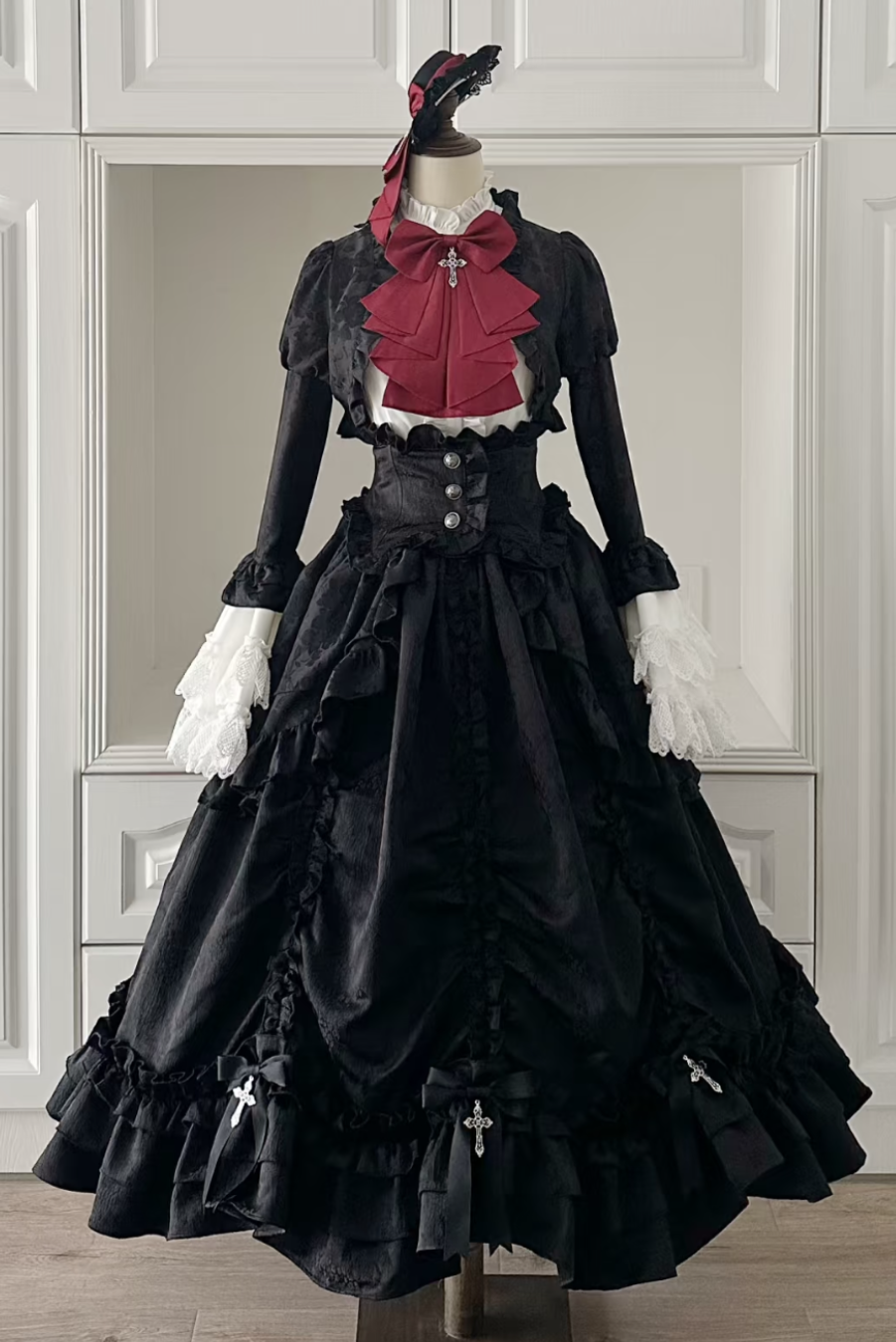 [pre-order Deadline: March 31] Cross Nocturne Gothic Dark Stripe Layered Top + Cross Rose Stripe Pull Up Skirt