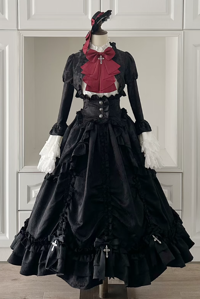 [pre-order Deadline: March 31] Cross Nocturne Gothic Dark Stripe Layered Top + Cross Rose Stripe Pull Up Skirt