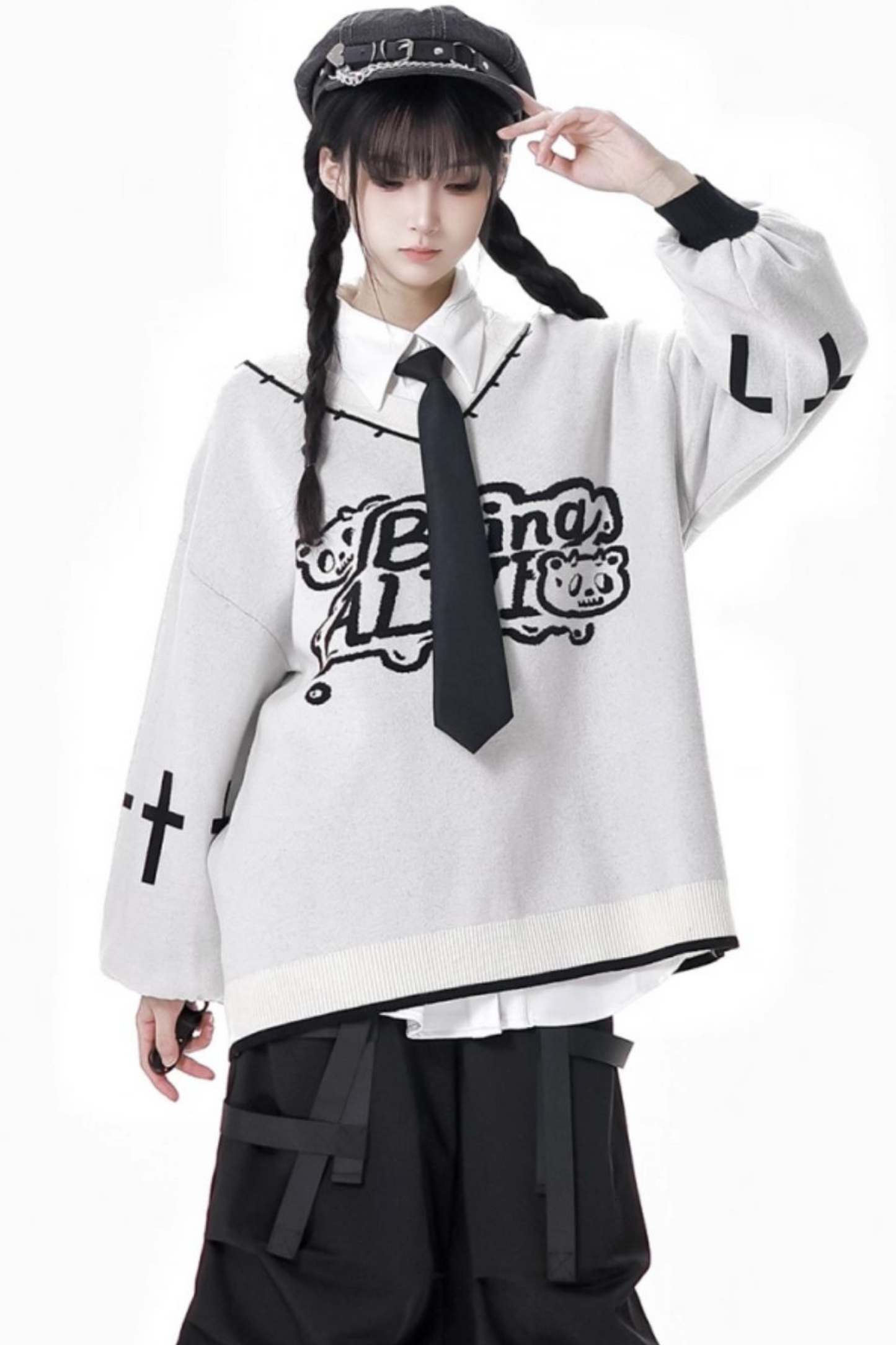 Cat Ear Hooded Top + Loose Knit Sweater + Cargo Pants + Strap Skirt