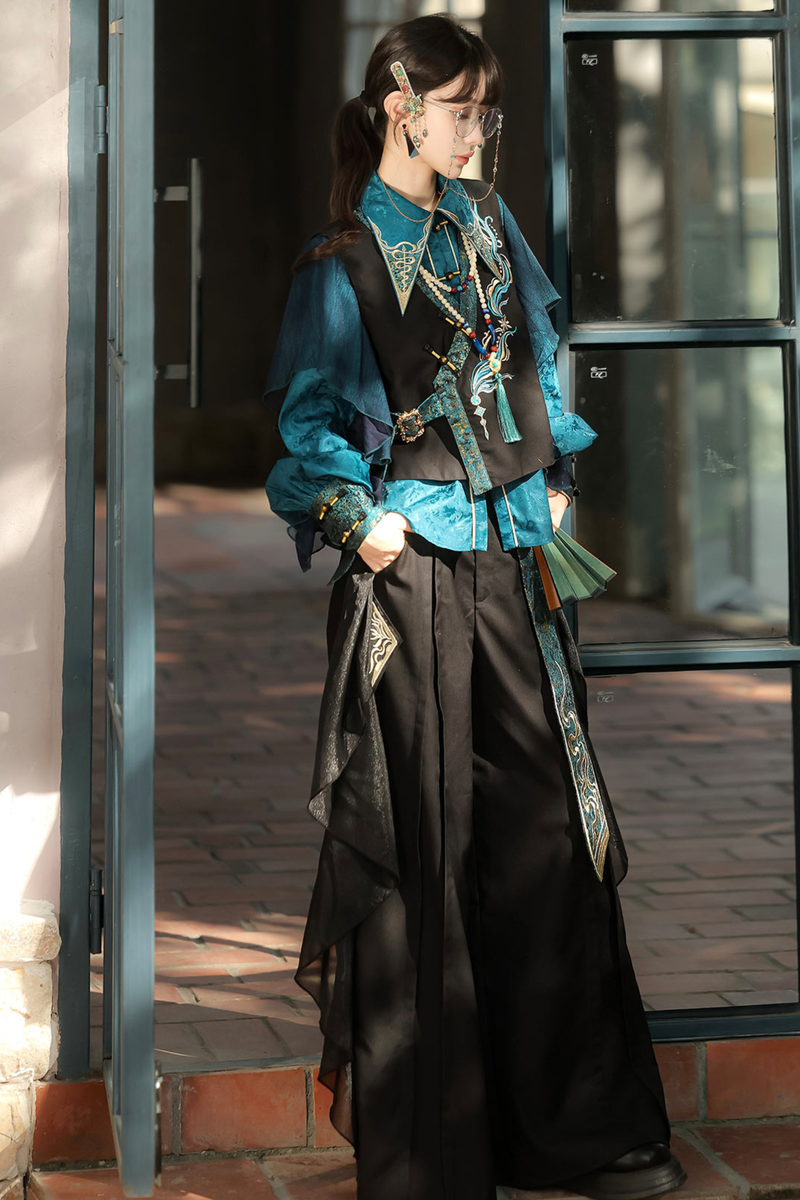 Ruan Chinese-style Top + Vest + Wide Leg Pants + Necklace