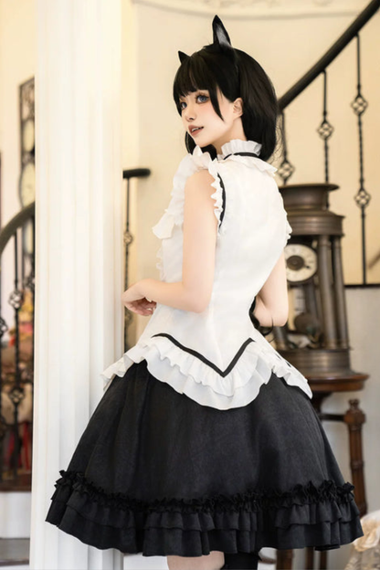 Flying Sleeve Sweet Dark Top + Flare Skirt