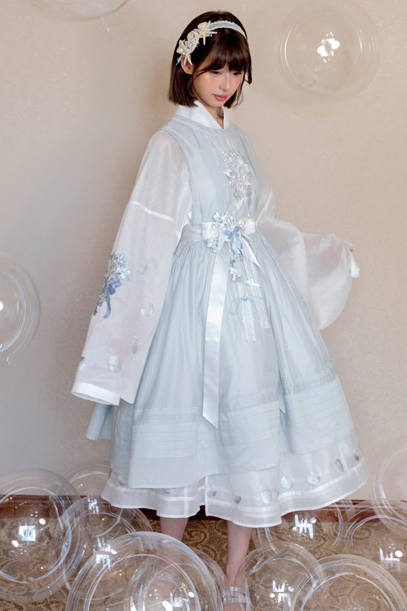 Pure White Chinese Dress + Cover Apron + Belt