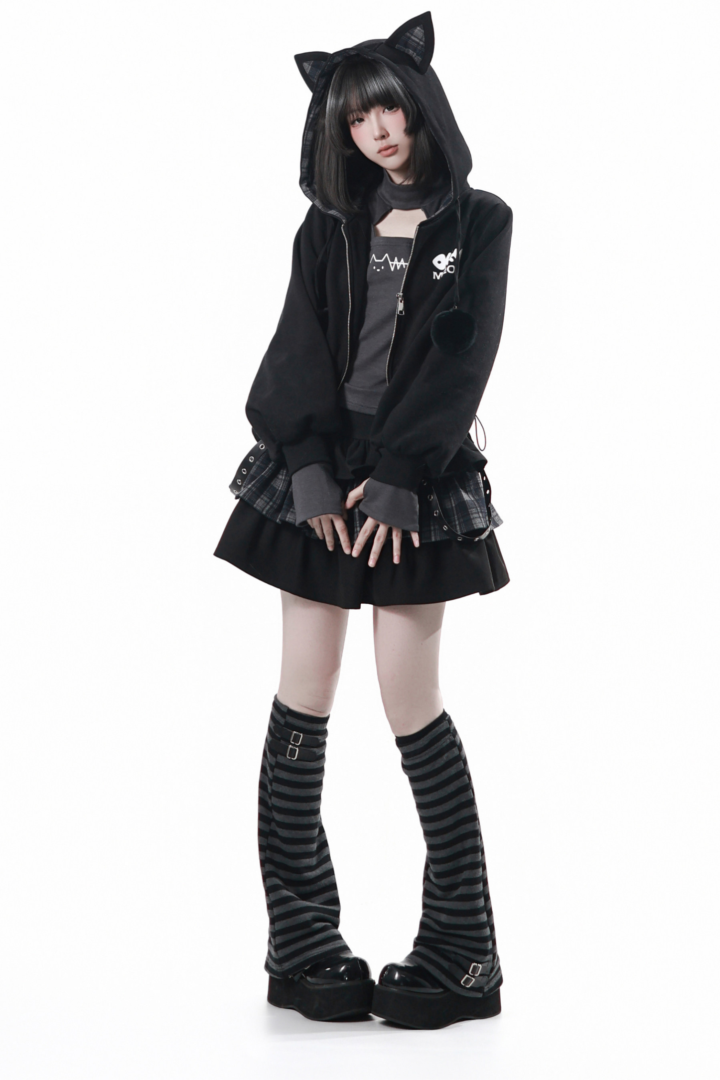 Cat Ear Jacket + Tiered Skirt + Top + Striped Leg Warmers