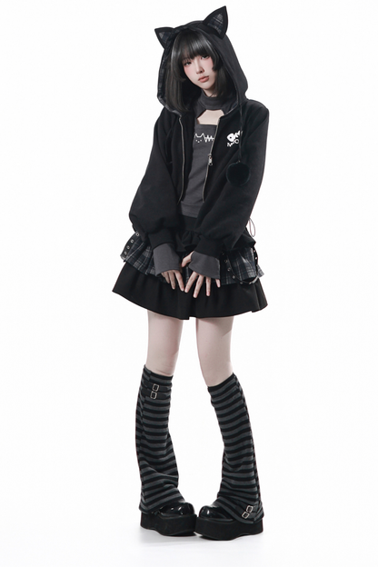 Cat Ear Jacket + Tiered Skirt + Top + Striped Leg Warmers