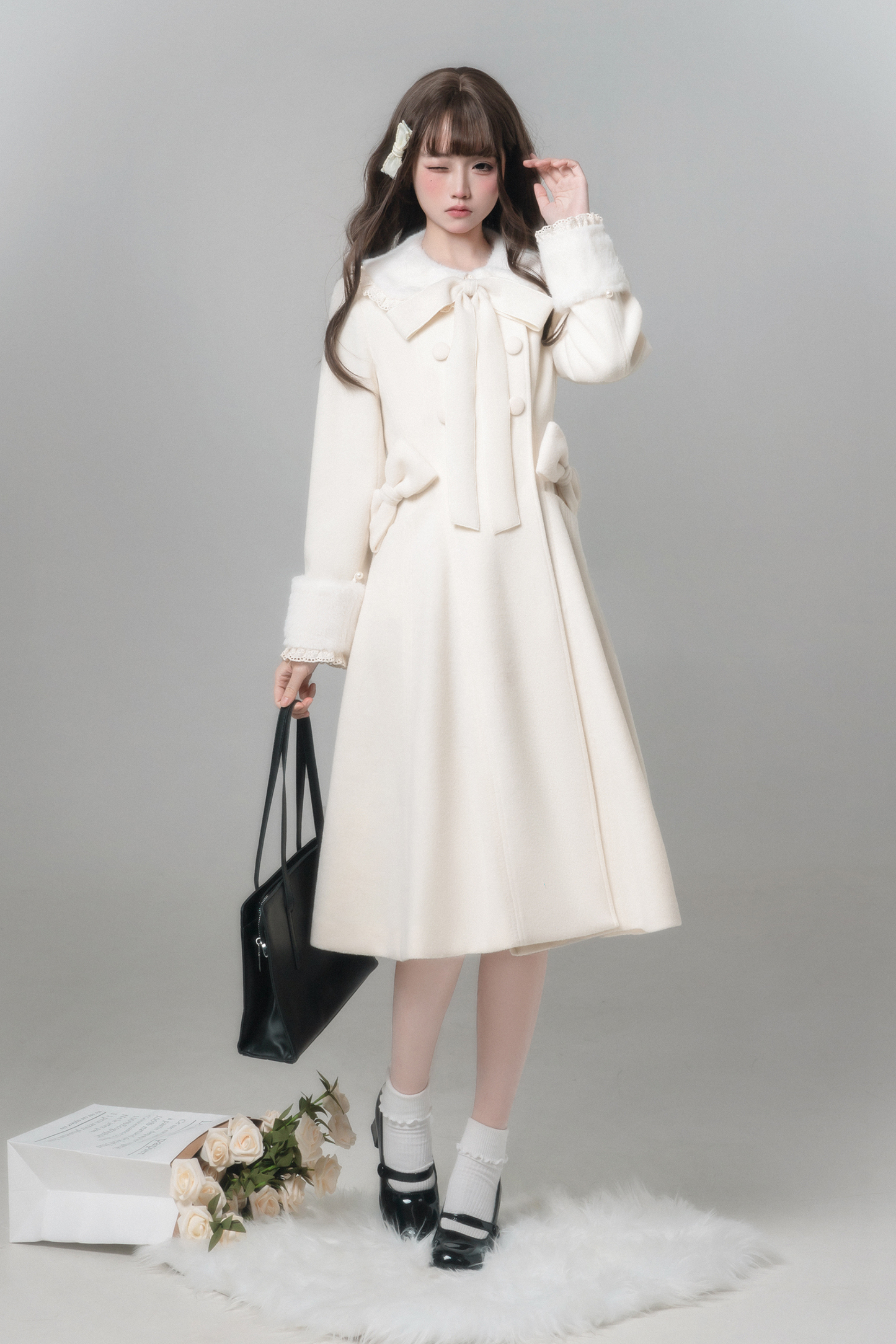 White Snow Long Coat + Shirt + Skirt