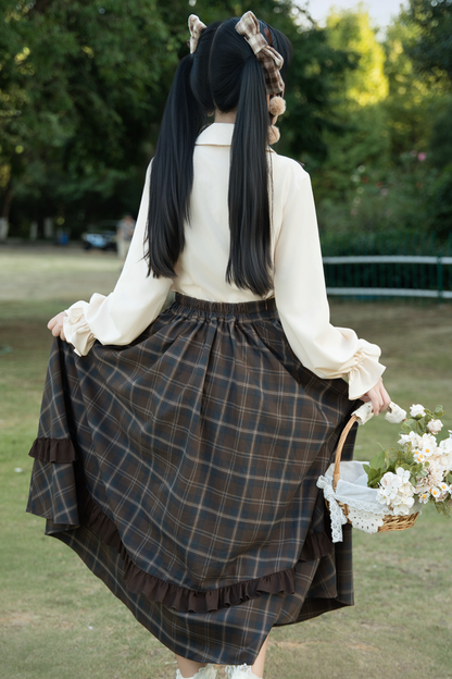 Retro Girly Plaid Skirt + Ruffle Blouse