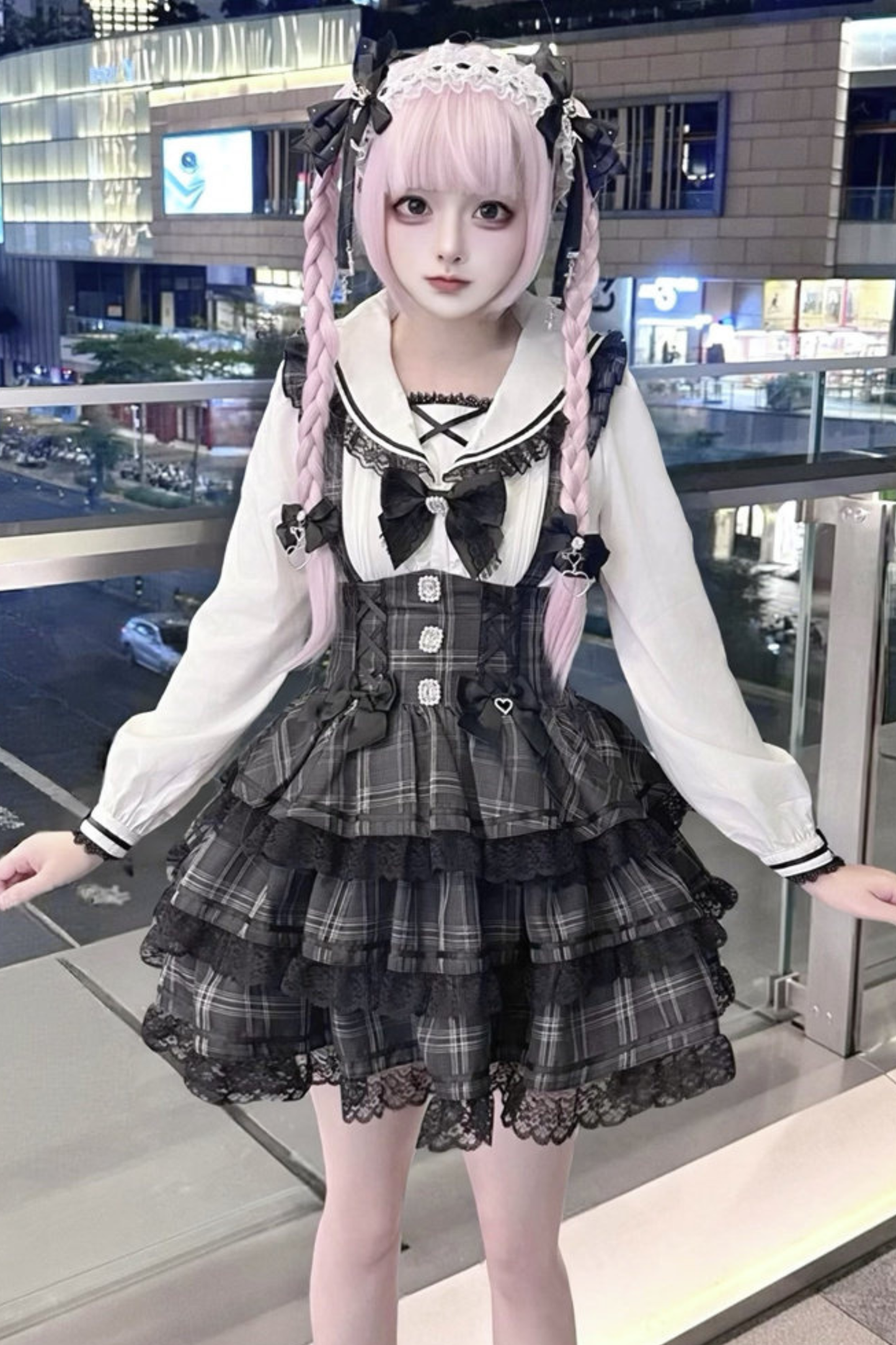 Plaid Flutter Sleeve Suspender Skirt + Top