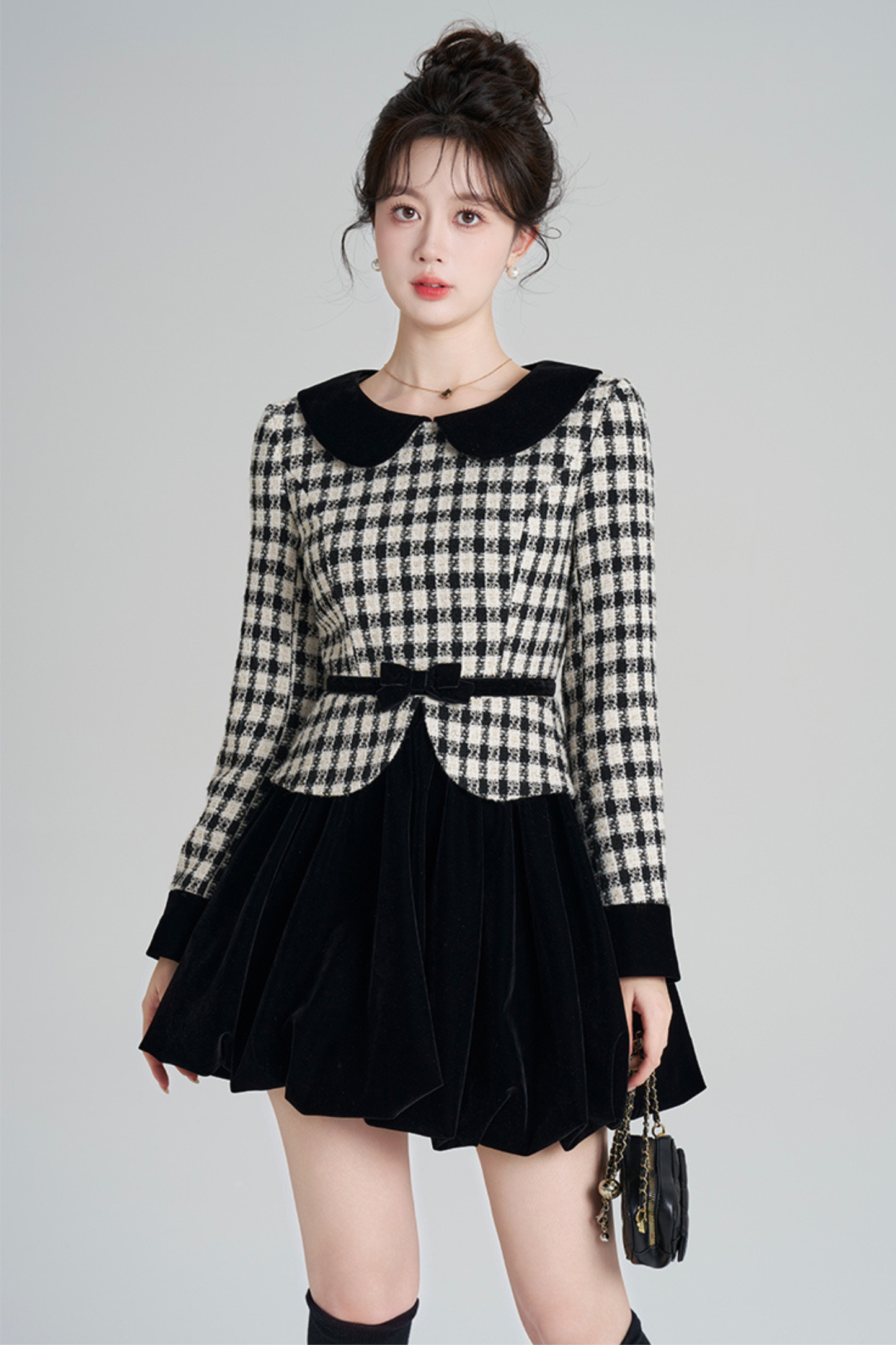 Velvet Monochrome Plaid Dress