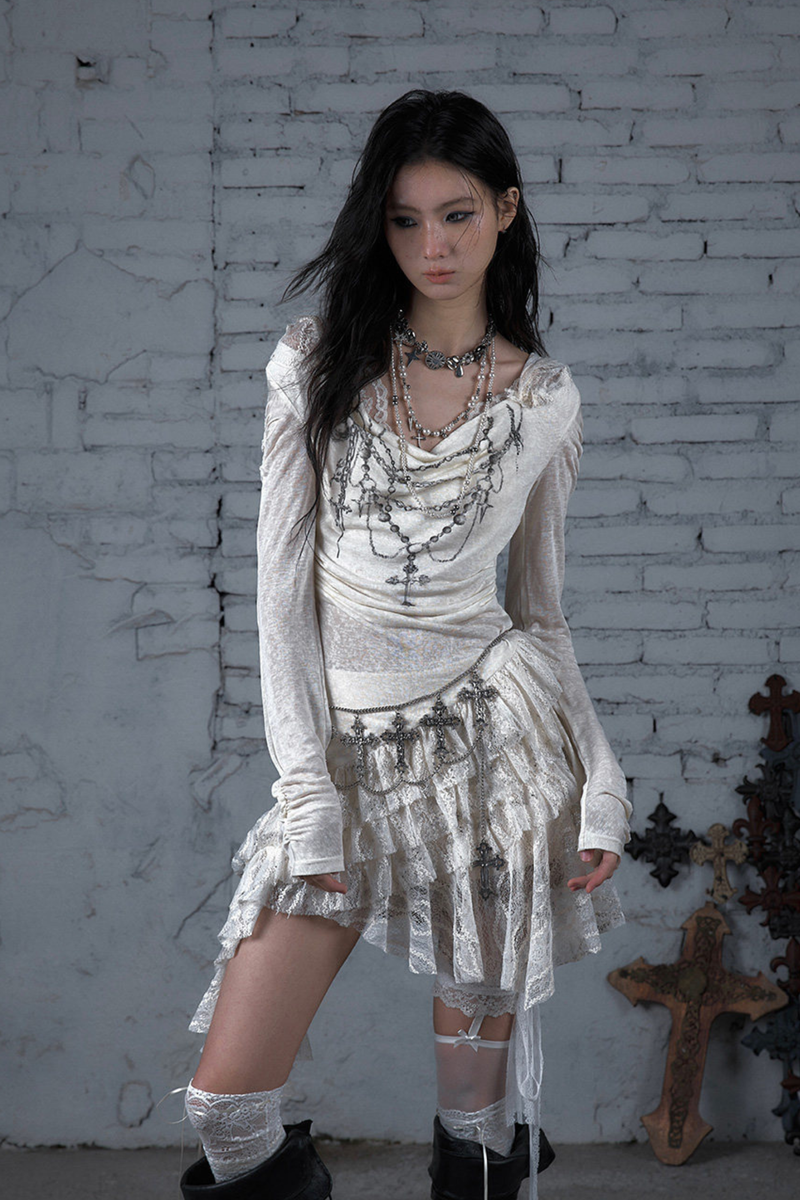 Punk Lace Hood Asymmetrical Dress