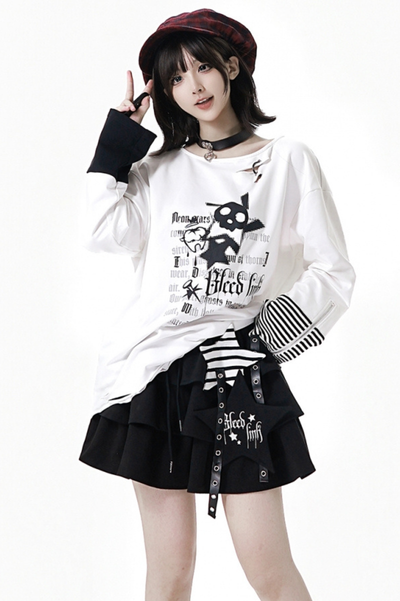 Striped Rock Print Hoodie Jacket + Tops + Long Pants + Skirt