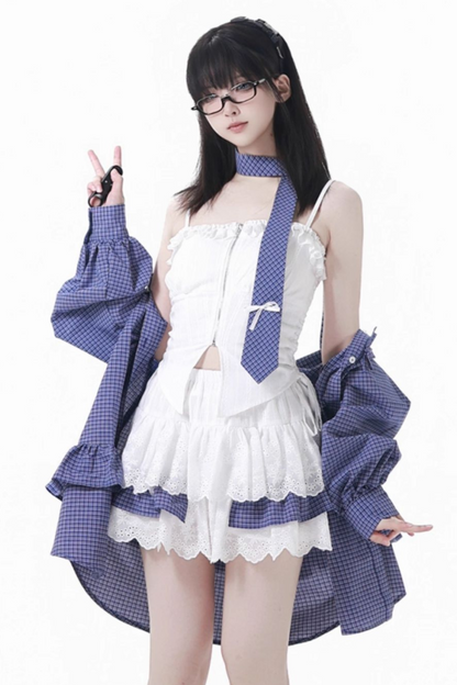 Plaid Tie Blouse Ursus Camisole + Skirt + Short Top