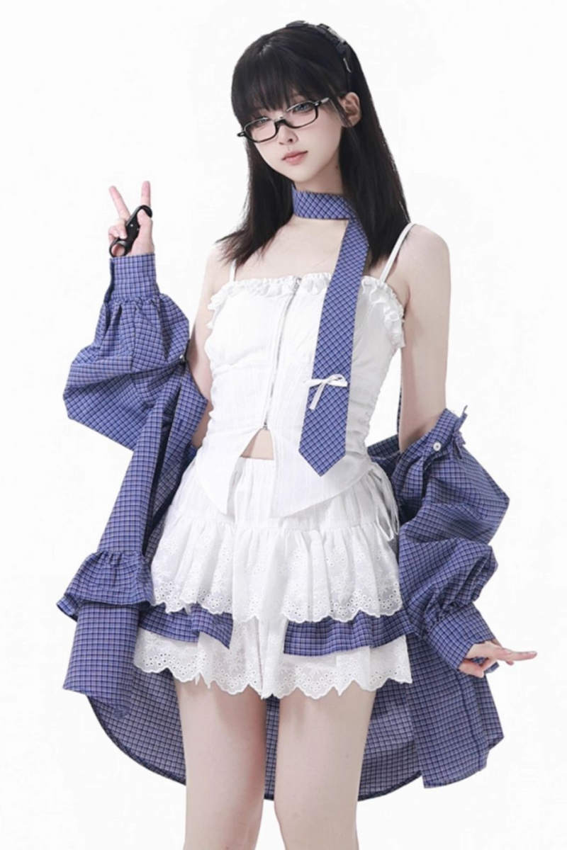 Plaid Tie Blouse Ursus Camisole + Skirt + Short Top