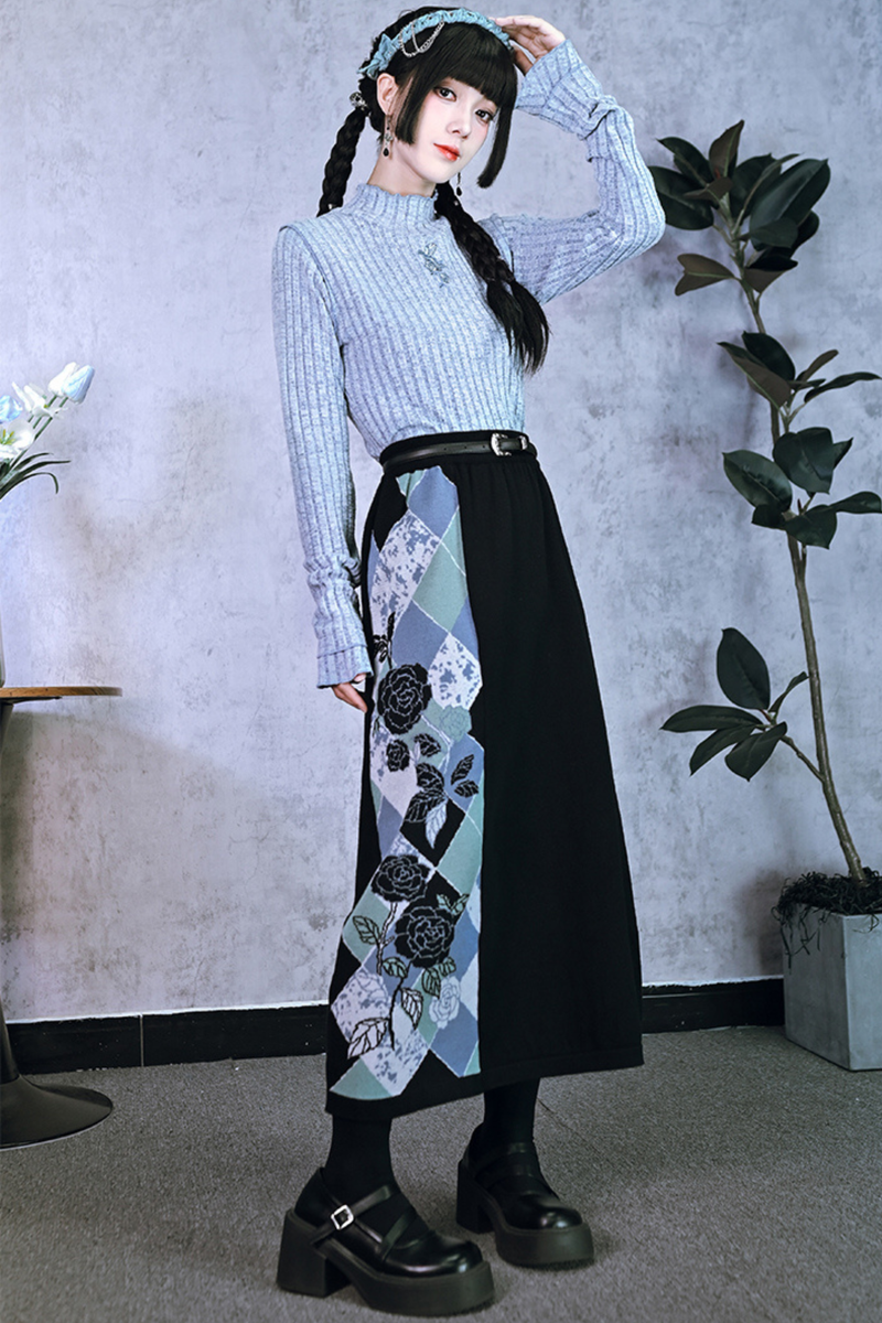 Argyle Cardigan + Asymmetric Skirt