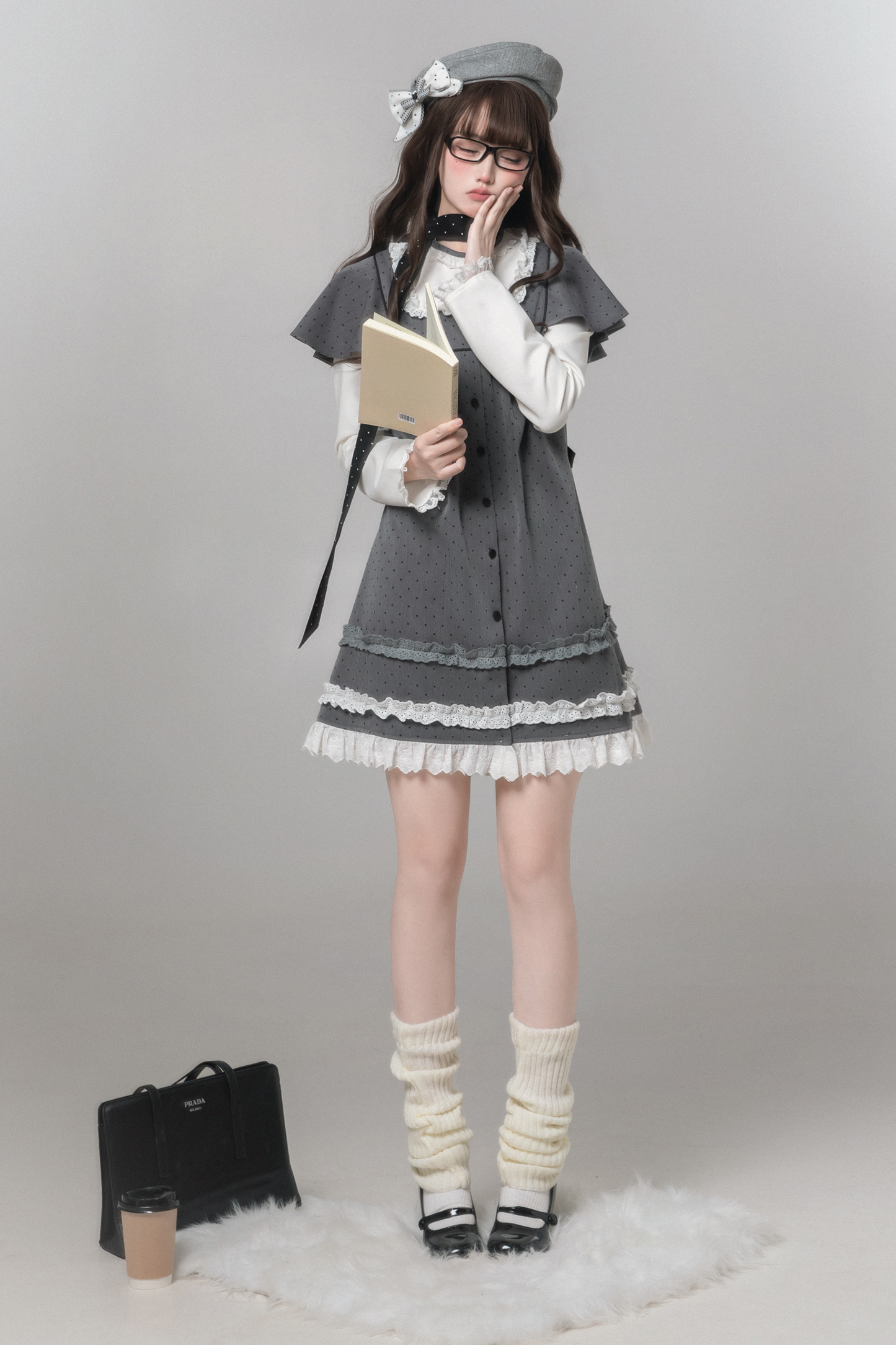 Gray Polka Dot Doll Dress + Beret