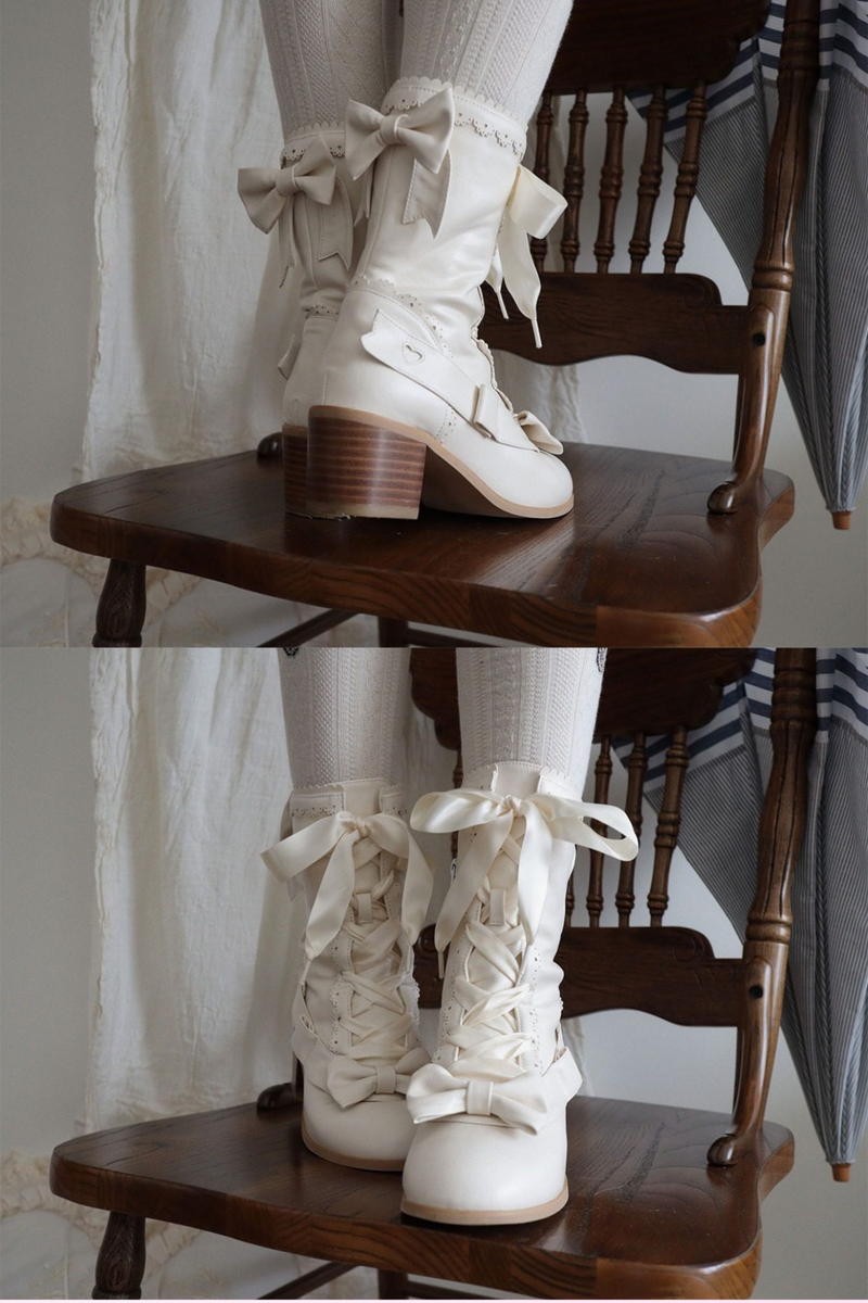 Ribbon Lace Up Mid Calf Boots