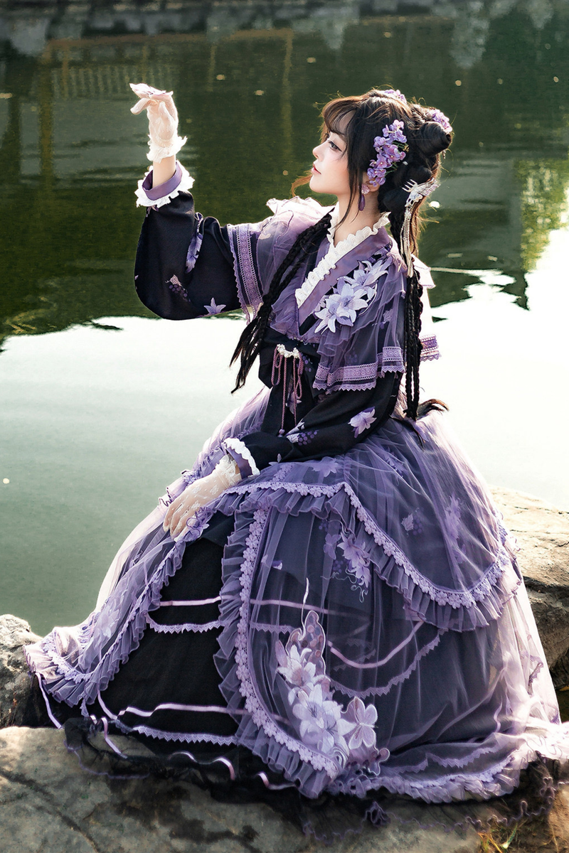 Chinese-style Purple Dress + Outer Dress + Long Skirt