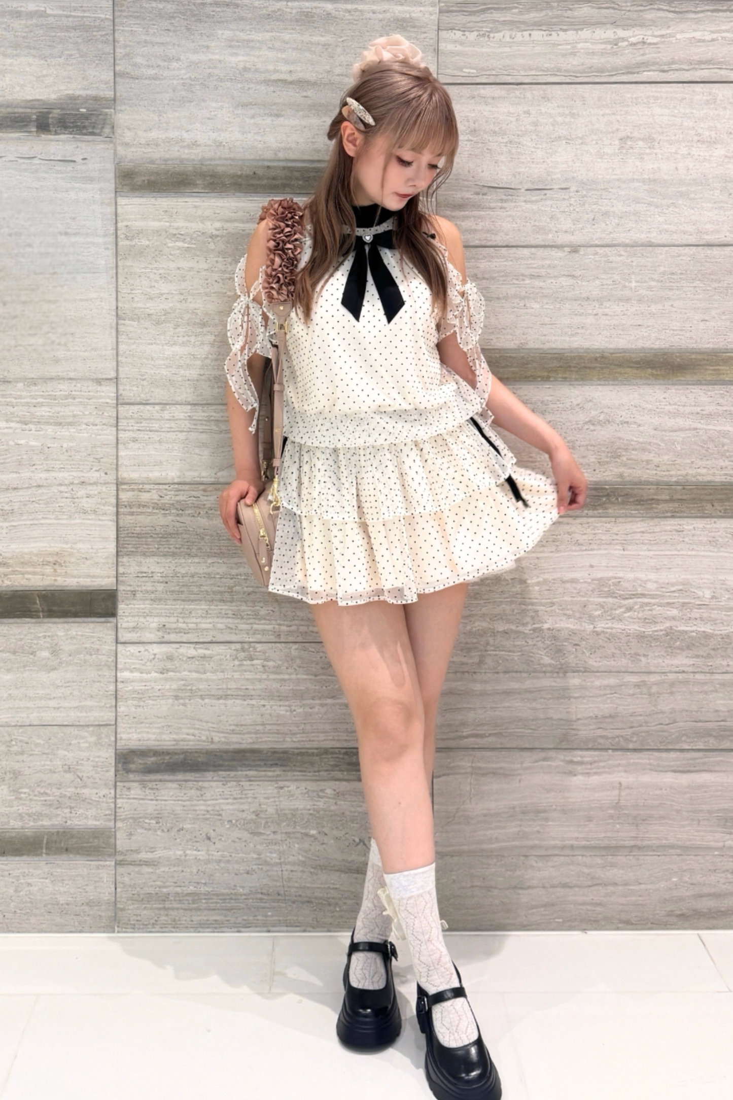 Off Shoulder Polka Dot Ribbon Dress