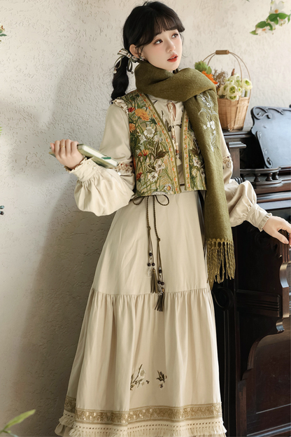 Pastoral Lolita Long Sleeve Dress + Vest + Scarf