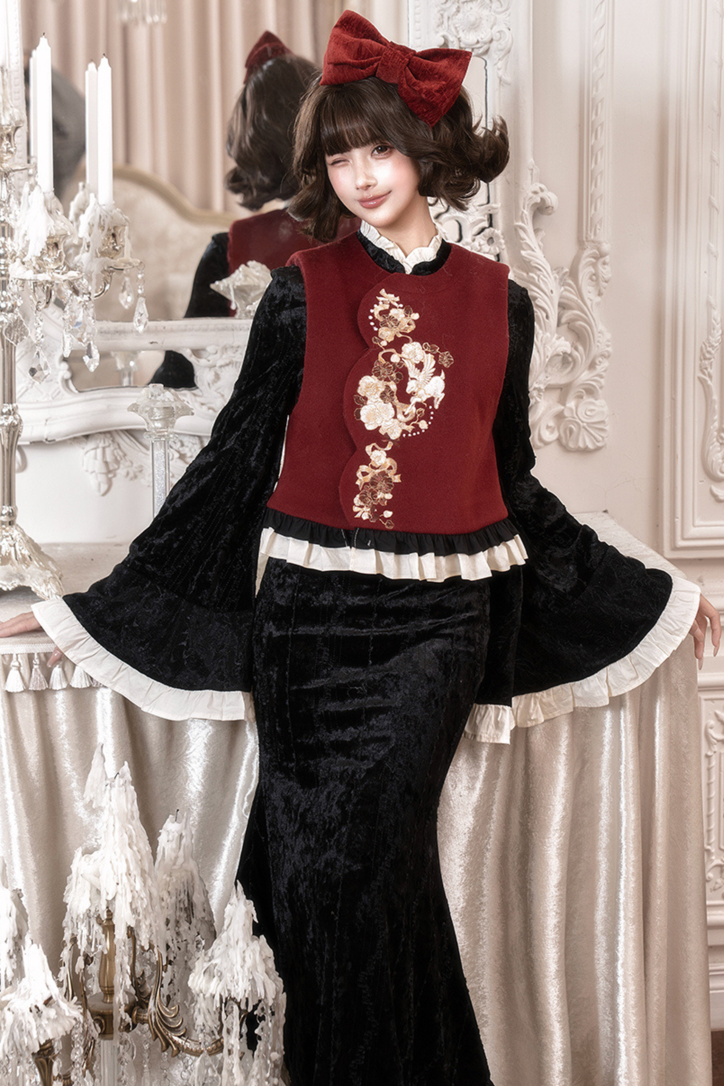 Retro Fish Tail Chinese-style Dress + Vest + Fur Scarf