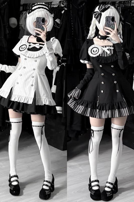Gothic Lolita Striped Dress + Headband + Clip
