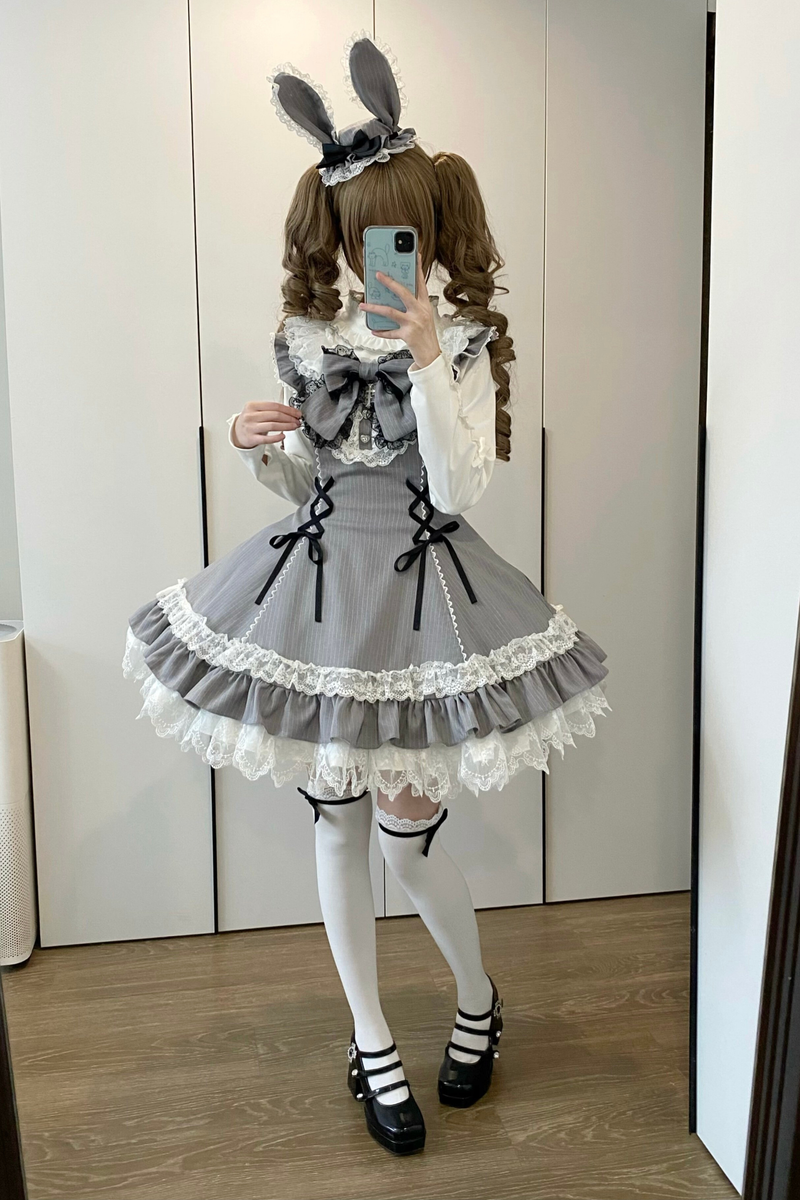 Sweet Lolita Stripe Jumper Skirt + Rabbit Hat