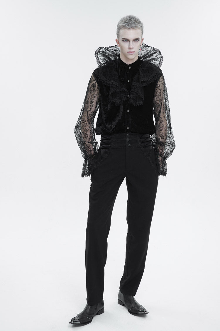 Black Lotus Leaf Stand Collar Semitransparent Lace Long Sleeved Gothic Shirt