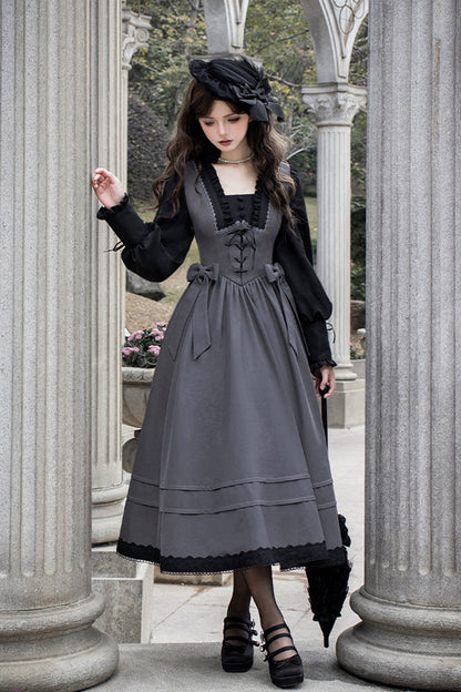 Grey [mist Chronicle] Square Collar Long Sleeves Bowknot Lace-up Color-block Fake Two Pieces Classic Lolita Dress