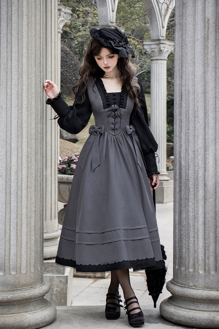 Grey [mist Chronicle] Square Collar Long Sleeves Bowknot Lace-up Color-block Fake Two Pieces Classic Lolita Dress