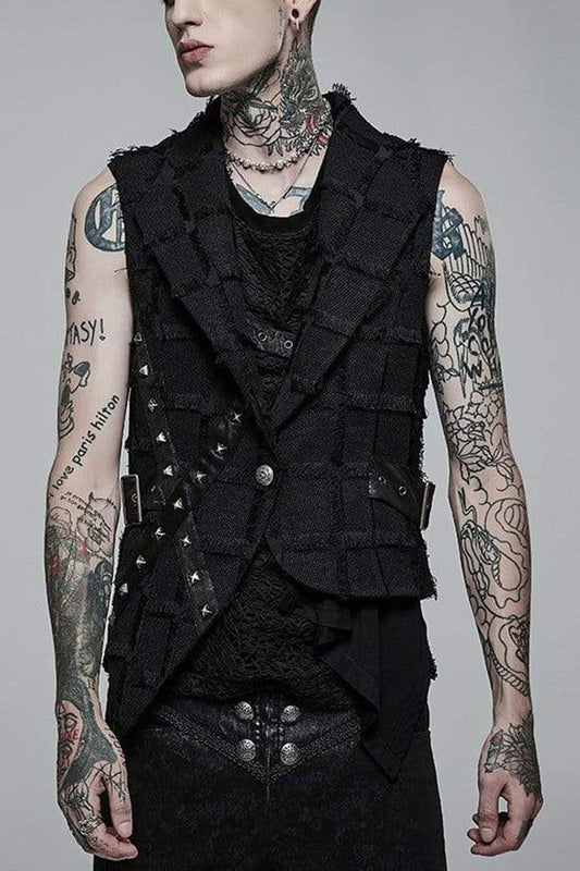 Black Gothic Asymmetrical Decadence Hairy Flu Back Cutout Design Leather Strip Metal Rivets Vest