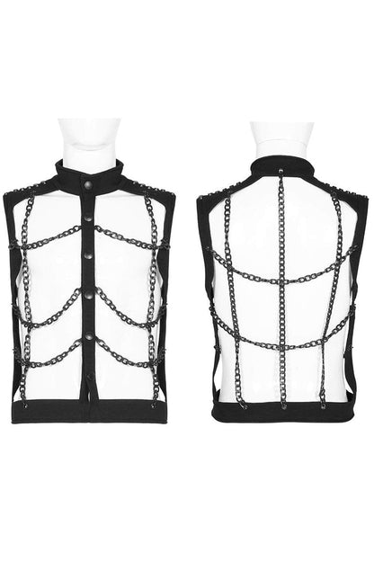 Black Stand Collar Single-breasted Metal Rivet Chain Decoration Hollow Steampunk Vest