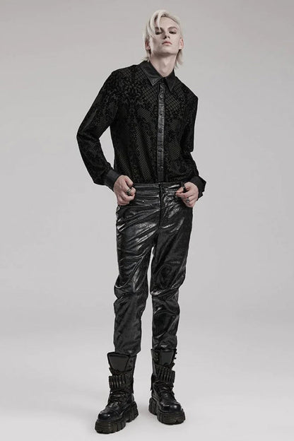 Black Print Faux Leather Stitching Skull Button Decorated Gothic Blouse
