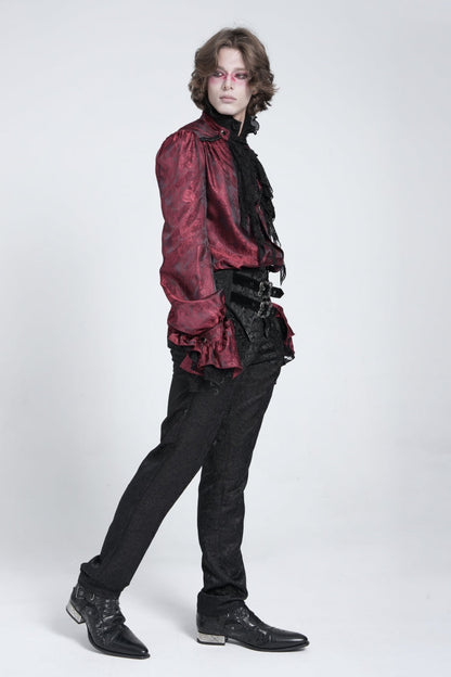 Red Long Puff Sleeves Gothic Blouse With Lace Necktie