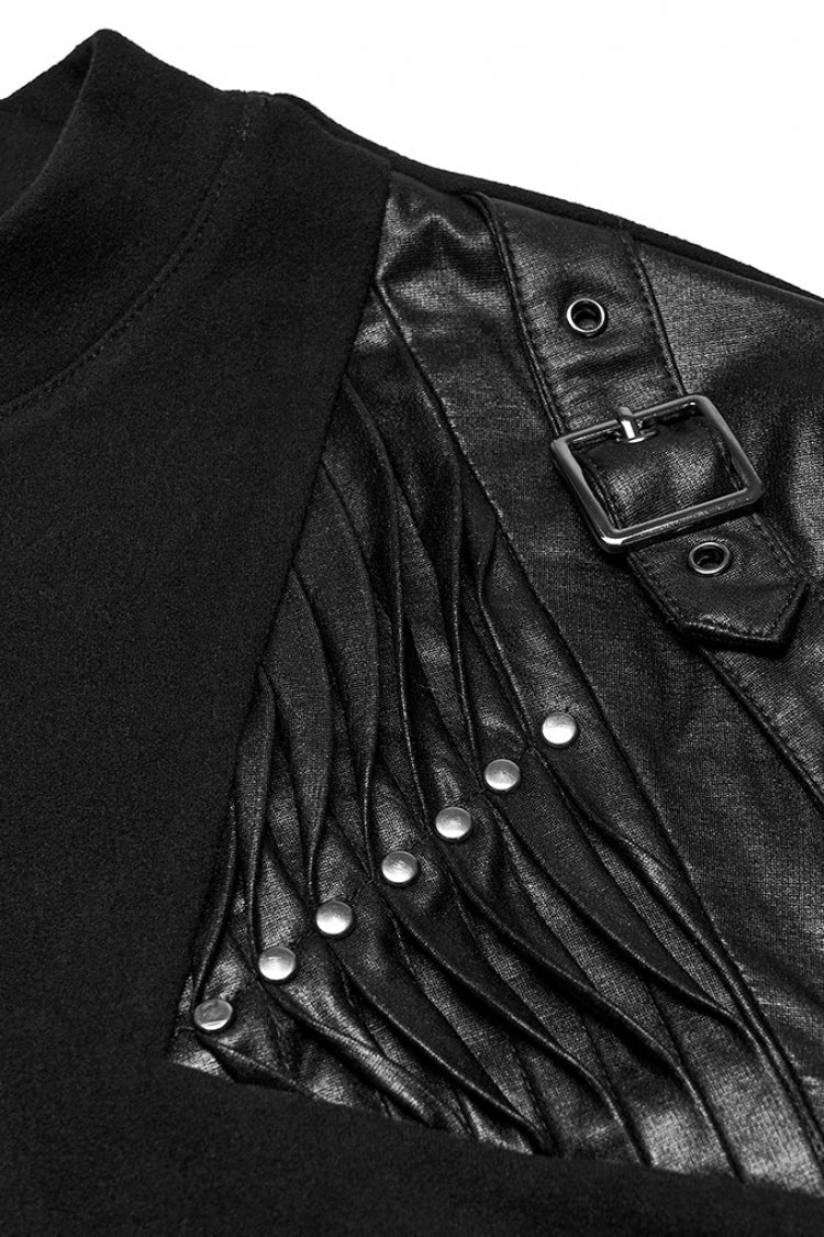 Black Round Collar Long Sleeves Buckled Strappy Pleated Eyelet Punk Top