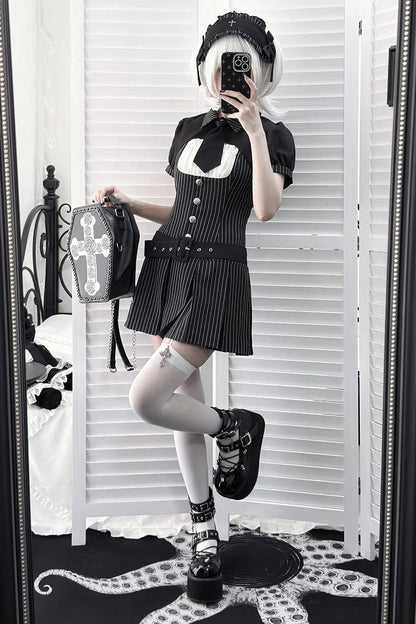 [pre-order Deadline: April 28] Black Pinstripe Tie Collar Short Jacket Dress Full Set + Jewel Casquette