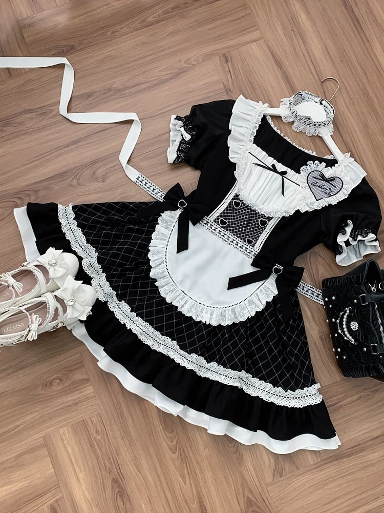 [order Deadline: May 15] Black X White Lace Ruffle Maid Dress Full Set + Cross Choker