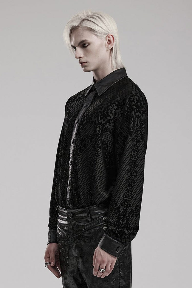 Black Print Faux Leather Stitching Skull Button Decorated Gothic Blouse