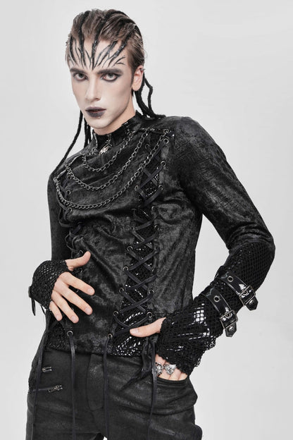Black Stitching Lace-up Mesh Chain Punk Blouse