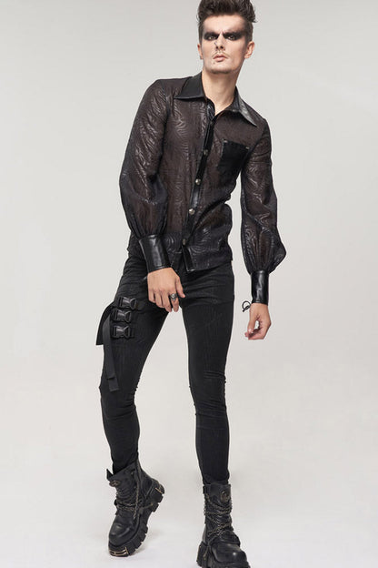 Black Punk Vertical Pattern Printing Cuff Drawstring Decoration See-through Shirt