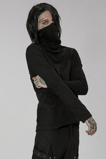 Black Punk Super High Collar Masked Hanging Ear Splicing Mesh Long Sleeves T-shirt